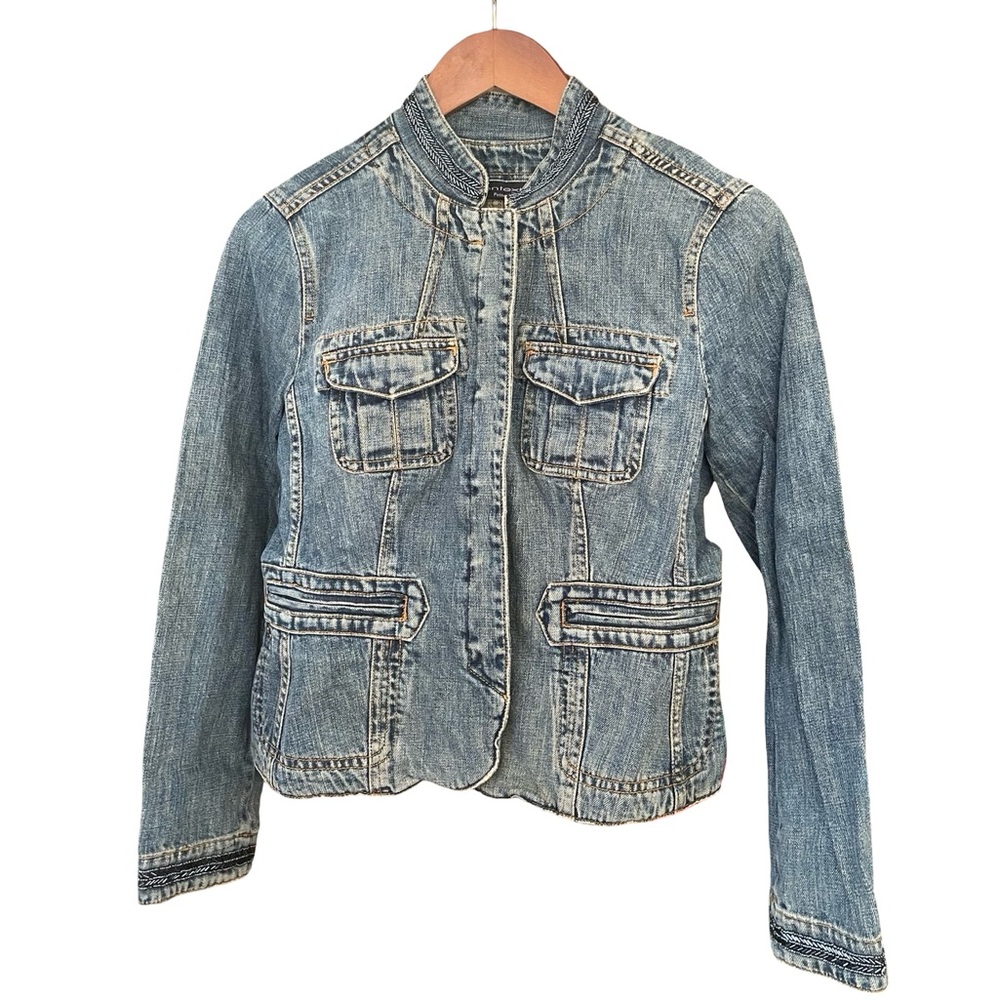 RARE Vintage Y2K Hand-Beaded Denim Jacket Petite 10P Embellished Collar & Cuffs